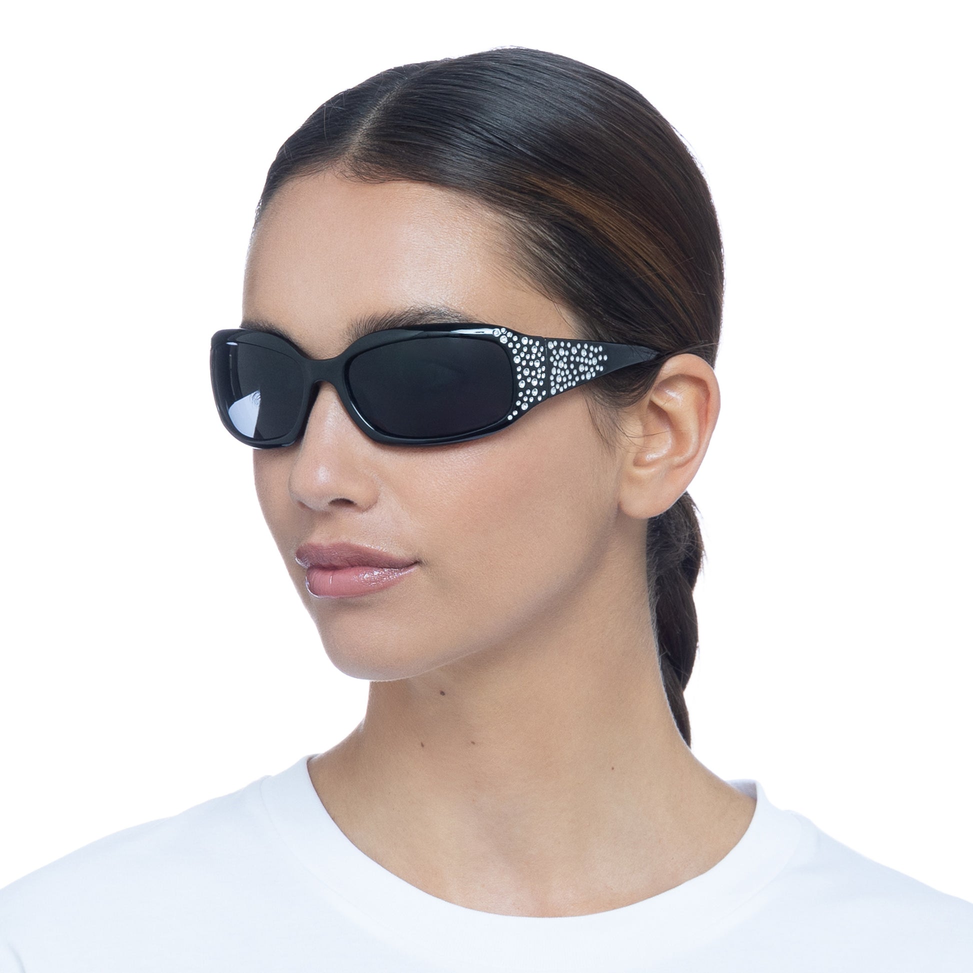 Vesta Black Bedazzle Uni-Sex Wrap Sunglasses | Aire – AIRE